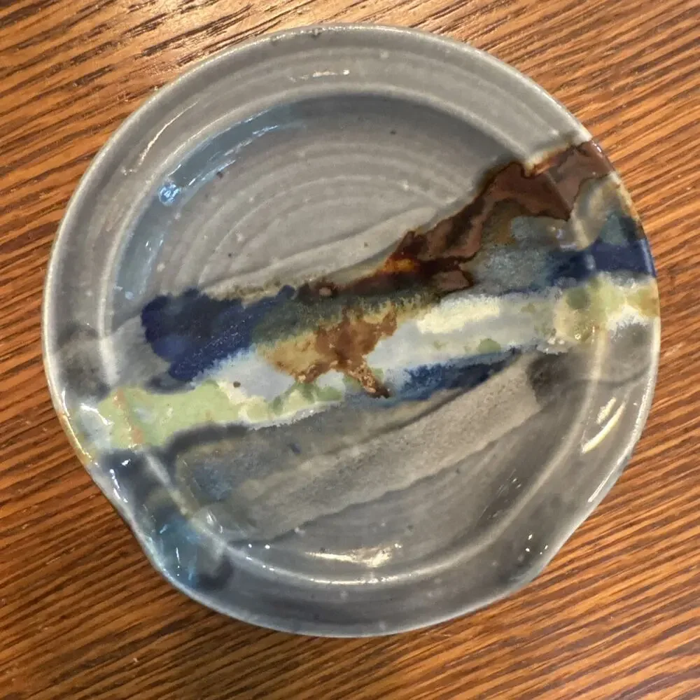 Studio Art Pottery Spoon Rest Bowl Dish Blue Gray Ocean Abstract Glazed Earthy